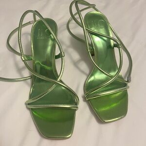 JLO Green Metallic Strappy Wrap Heels